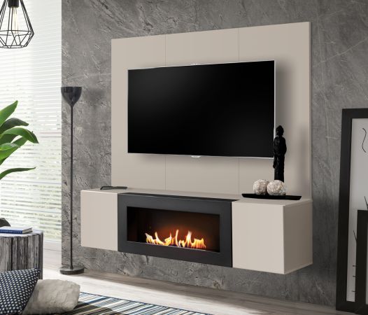 TV-Lowboard Set Option in Kaschmir, Flat-TV Unterschrank h�ngend mit Ethanol Kamin und Akustikpaneel, 160 cm