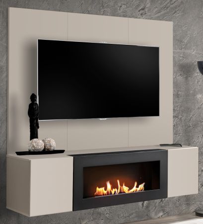 TV-Lowboard Set Option in Kaschmir, Flat-TV Unterschrank h�ngend mit Ethanol Kamin und Akustikpaneel, 160 cm