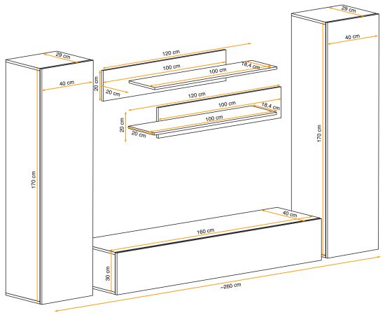 Wohnwand Option in Kaschmir Schrankwand 5-teilig h�ngend mit Push-To-Open, 260 x 170 cm