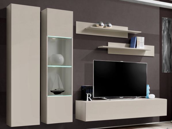 Wohnwand Option in Kaschmir Schrankwand 5-teilig h�ngend inkl. LED und Push-To-Open, 260 x 170 cm