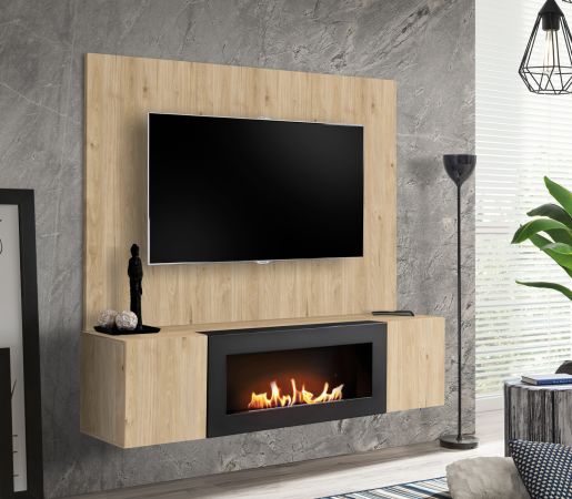 TV-Lowboard Set Option in Eiche, Flat-TV Unterschrank h�ngend mit Ethanol Kamin und Akustikpaneel 160 cm