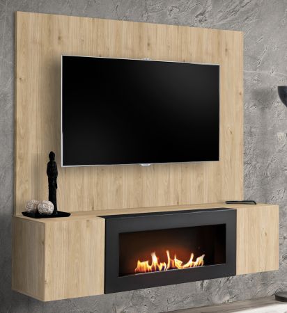TV-Lowboard Set Option in Eiche, Flat-TV Unterschrank h�ngend mit Ethanol Kamin und Akustikpaneel 160 cm