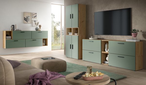 Sideboard Onawa in Gr�n und Artisan Eiche Kommode h�ngend / stehend 176 cm, Soft-Close