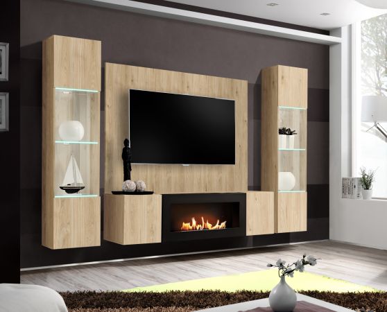 Wohnwand Option in Jackson Eiche Schrankwand 4-teilig h�ngend mit Ethanol Kamin und LED, 260 x 170 cm