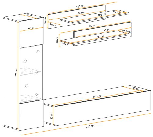 Wohnwand Option in Jackson Eiche Schrankwand 4-teilig h�ngend mit Push-To-Open, 210 x 170 cm