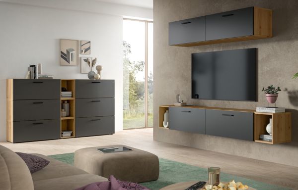 TV-Lowboard Onawa in Grau und Artisan Eiche TV Unterteil h�ngend / stehend 176 cm
