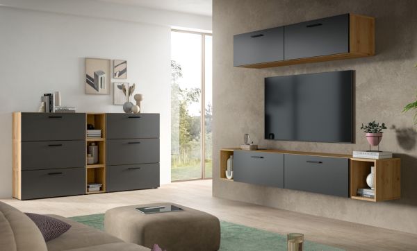 Wohnwand Onawa in Grau und Artisan Eiche Wohnkombination h�ngend / stehend 300 x 178 cm