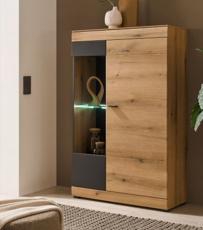 Vitrine Assina in Evoke Eiche und Grau matt, Vitrinenschrank 90 x 141 cm mit Soft-Close