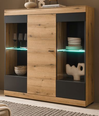 Highboard Assina in Evoke Eiche und Grau matt, Schrank 140 x 141 cm mit Soft-Close