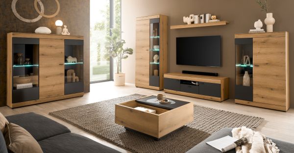 Highboard Assina in Evoke Eiche und Grau matt, Schrank 140 x 141 cm mit Soft-Close