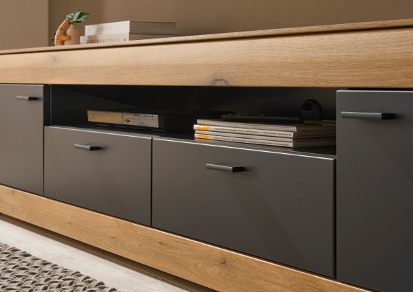 TV-Lowboard Assina in Evoke Eiche und Graphit Grau, Flat-TV Unterschrank 200 cm mit Soft-Close