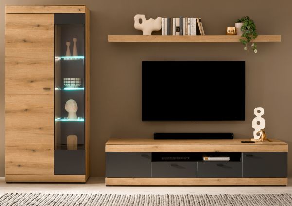 Wohnwand Assina in Evoke Eiche und Graphit Grau, Wohnzimmer Set 300 x 201 cm mit Soft-Close