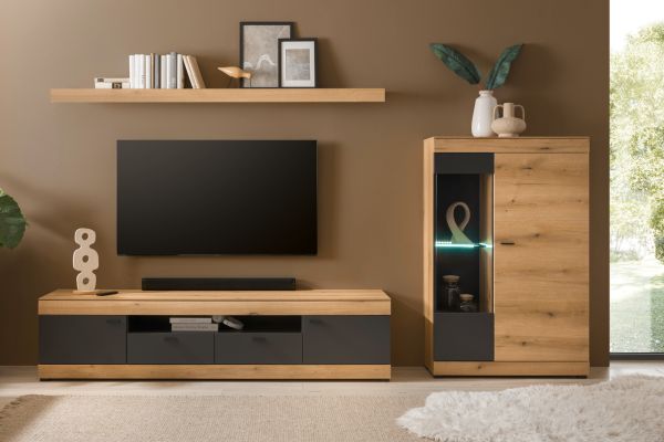 Wohnwand Assina in Evoke Eiche und Graphit Grau 3-teilig 300 cm, Schrankwand mit Soft-Close