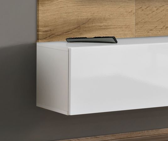 TV-Lowboard Set Public in Wotan Eiche und wei�, Flat-TV Unterschrank h�ngend mit LED und Akustikpaneel, 180 cm
