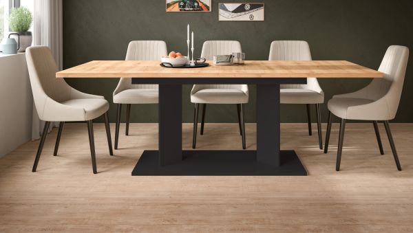 Esstisch Anton in Artisan Eiche und schwarz Tisch 2-fach ausziehbar 140-180-220 x 90 cm