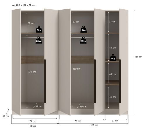 Kleiderschrank Swan in Kaschmir / Sand Dreht�renschrank 5-t�rig 200 x 181 cm