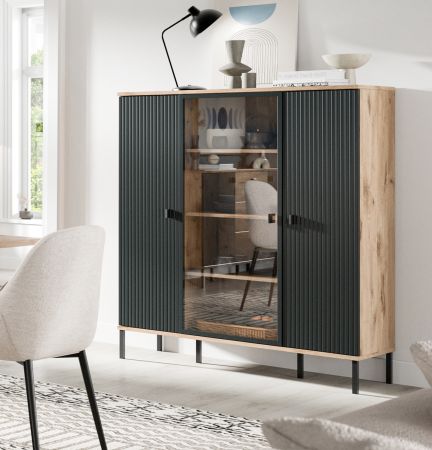 Highboard Graz in schwarz und Nox Eiche Vitrine 115 x 137 cm