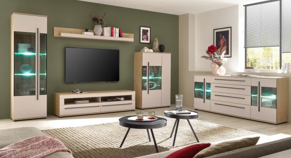 Wohnwand Design-D in Kaschmir und Cremona Eiche Wohnkombination Set 4-teilig 290 cm, mit Soft-Close