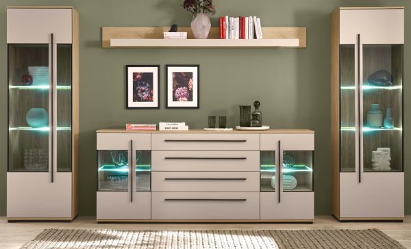 Wohnwand Design-D in Kaschmir und Eiche Wohnkombination Set 4-teilig 340 cm, mit Soft-Close