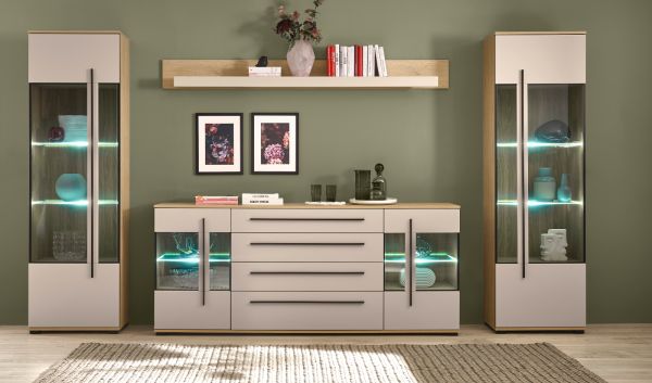 Wohnwand Design-D in Kaschmir und Eiche Wohnkombination Set 4-teilig 340 cm, mit Soft-Close