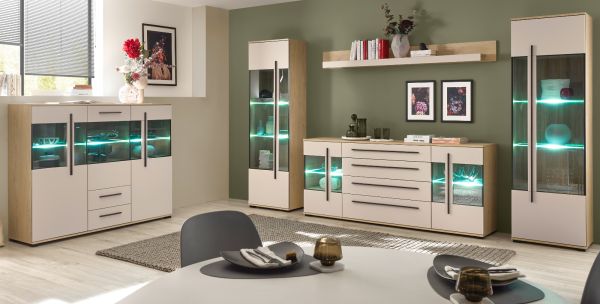 Wohnwand Design-D in Kaschmir und Eiche Wohnkombination Set 4-teilig 340 cm, mit Soft-Close