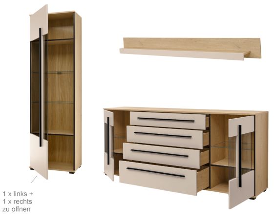 Wohnwand Design-D in Kaschmir und Eiche Wohnkombination Set 4-teilig 340 cm, mit Soft-Close