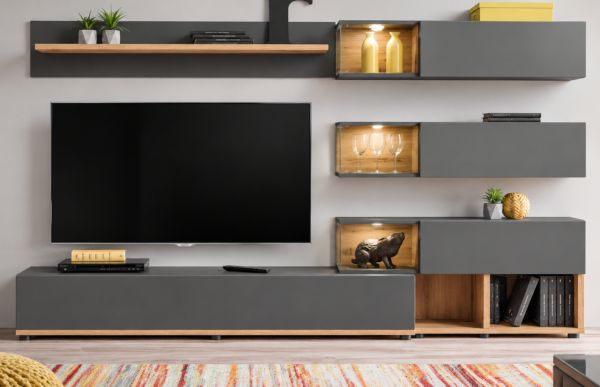 Wohnwand Lester in Anthrazit und Wotan Eiche Schrankwand mit LED, Push-to-Open, 240 x 150 cm