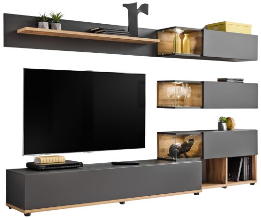 Wohnwand Lester in Anthrazit und Wotan Eiche Schrankwand mit LED, Push-to-Open, 240 x 150 cm