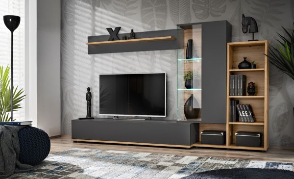 Wohnwand Lester in Anthrazit und Wotan Eiche, Schrankwand inkl. LED und Push-to-Open, 240 x 145 cm