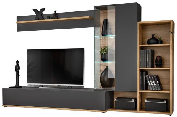 Wohnwand Lester in Anthrazit und Wotan Eiche, Schrankwand inkl. LED und Push-to-Open, 240 x 145 cm