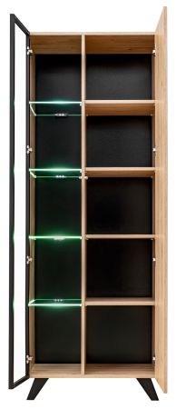 Wohnwand Lines in Hickory Eiche und schwarz Schrankwand 4-teilig mit Ethanol Kamin und LED, 340 x 192 cm