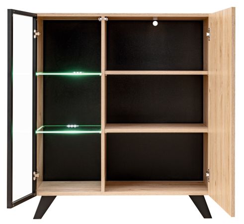 Wohnwand Lines in Hickory Eiche und schwarz Schrankwand 4-teilig mit Ethanol Kamin und LED, 340 x 192 cm