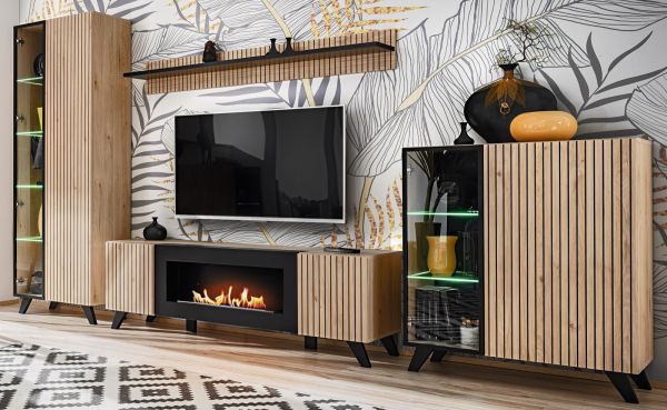Wandboard Lines in Hickory Eiche und schwarz Wandregal mit Streifenoptik 160 cm