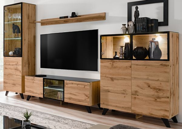 Wohnwand Heritage in Wotan Eiche mit Schwarz inklusive LED, 330 x 197 cm