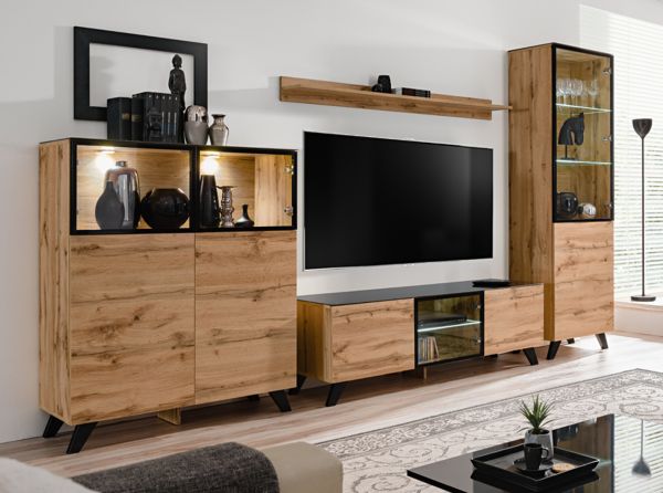 Wohnwand Heritage in Wotan Eiche mit Schwarz inklusive LED, 330 x 197 cm