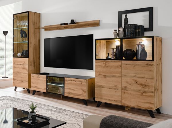 Wohnwand Heritage in Wotan Eiche mit Schwarz inklusive LED, 330 x 197 cm