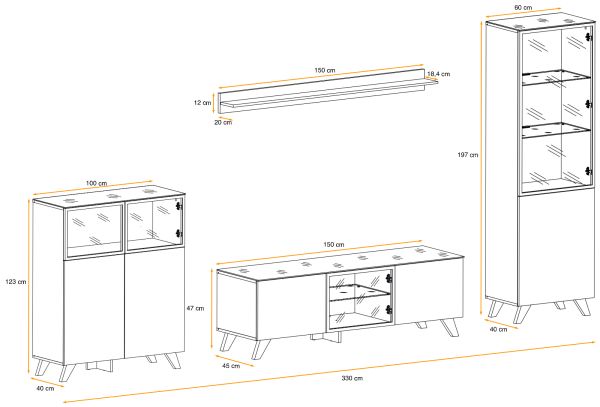 Wohnwand Heritage in Wotan Eiche mit Schwarz inklusive LED, 330 x 197 cm