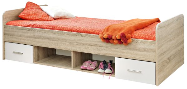 Kinderbett / Jugendbett Superior in wei� und Sonoma Eiche Bett inkl. Lattenrost 96 x 204 cm