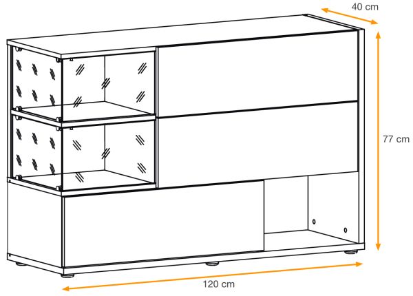 Sideboard Lester in Grau / Anthrazit und Wotan Eiche Kommode mit LED, Push-to-Open, 120 x 77 cm