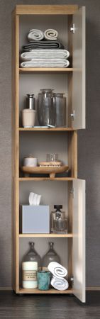Badezimmer Hochschrank Celeste in Kaschmir und Evoke Eiche Badschrank 36 x 184 cm
