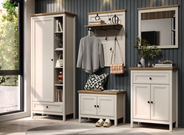Garderobe Set 4-teilig Cozy in Kaschmir und Stein Eiche Landhaus Garderobenkombination 160 cm, Soft-Close