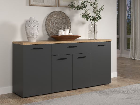 Sideboard Groove in Grau mit Evoke Eiche, 4-t�rige Kommode 180 x 85 cm