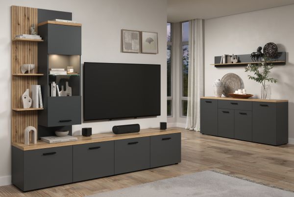 Sideboard Groove in Grau mit Evoke Eiche, 4-t�rige Kommode 180 x 85 cm