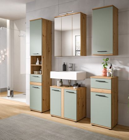 Badezimmer Kommode Bailey in Salbei und Artisan Eiche Badschrank 70 x 79 cm