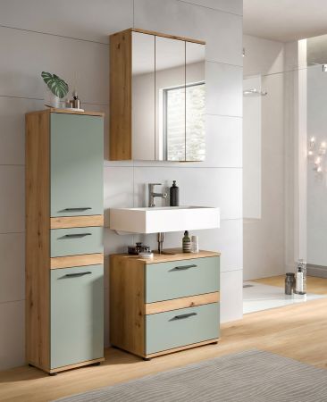 Badezimmer Midischrank Bailey in Salbei und Artisan Eiche Badschrank 35 x 137 cm