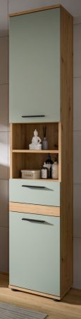 Badezimmer Hochschrank Bailey in Salbei und Artisan Eiche Badschrank 35 x 191 cm