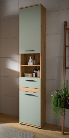 Badezimmer Hochschrank Bailey in Salbei und Artisan Eiche Badschrank 35 x 191 cm