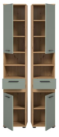 Badezimmer Hochschrank Bailey in Salbei und Artisan Eiche Badschrank 35 x 191 cm