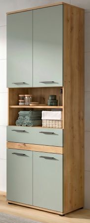 Badezimmer Hochschrank Bailey in Salbei und Artisan Eiche Badschrank 70 x 191 cm