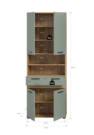 Badezimmer Hochschrank Bailey in Salbei und Artisan Eiche Badschrank 70 x 191 cm